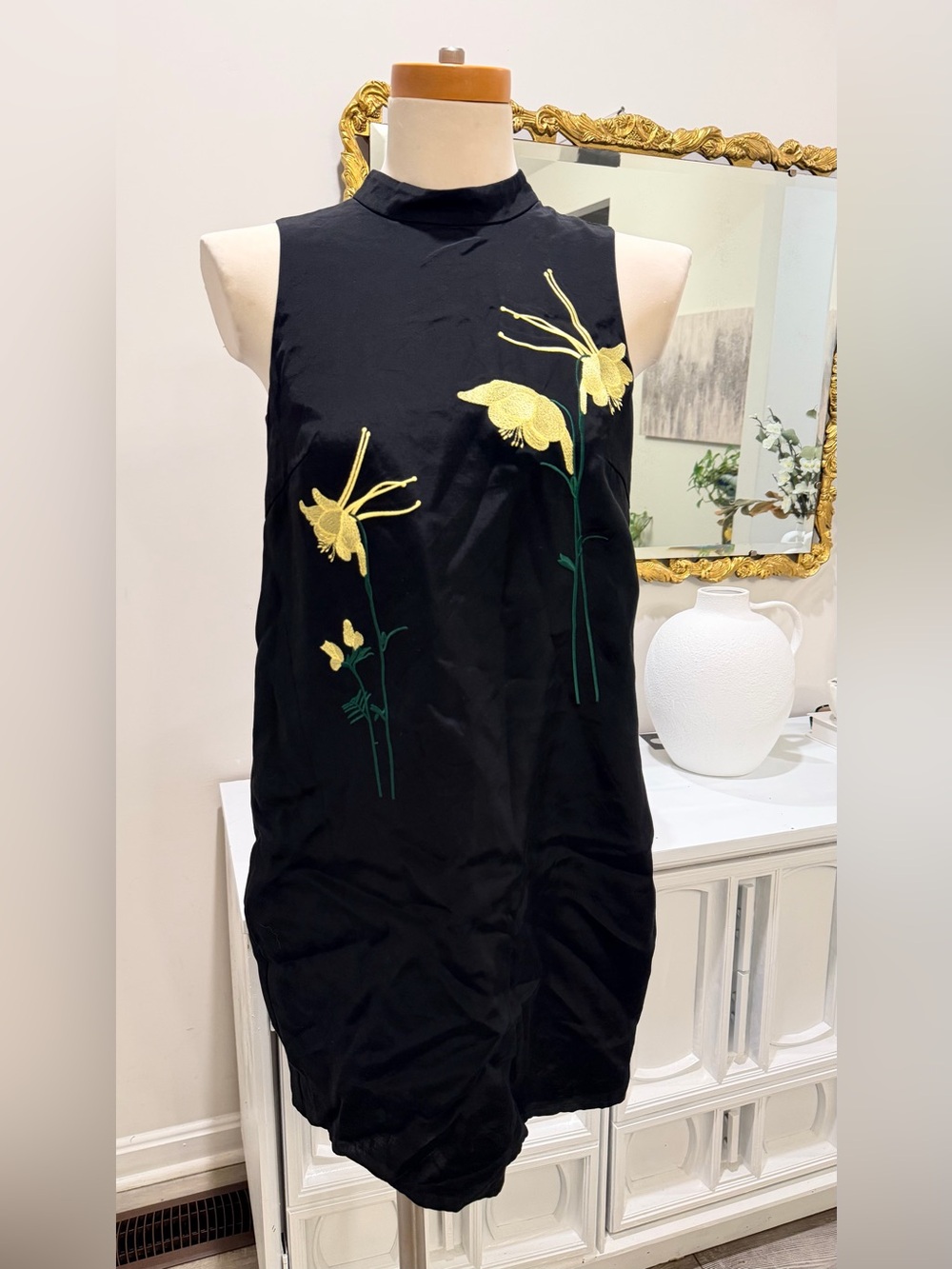 Black Sleeveless Shift Dress with Yellow Floral Embroidery — Women - Picture 2 of 13